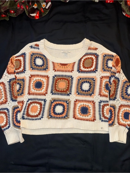American Eagle Outfitters Sweaters - American Eagle Outfitters Crochet Square Knit Sweater - Cream, Rust & Navy